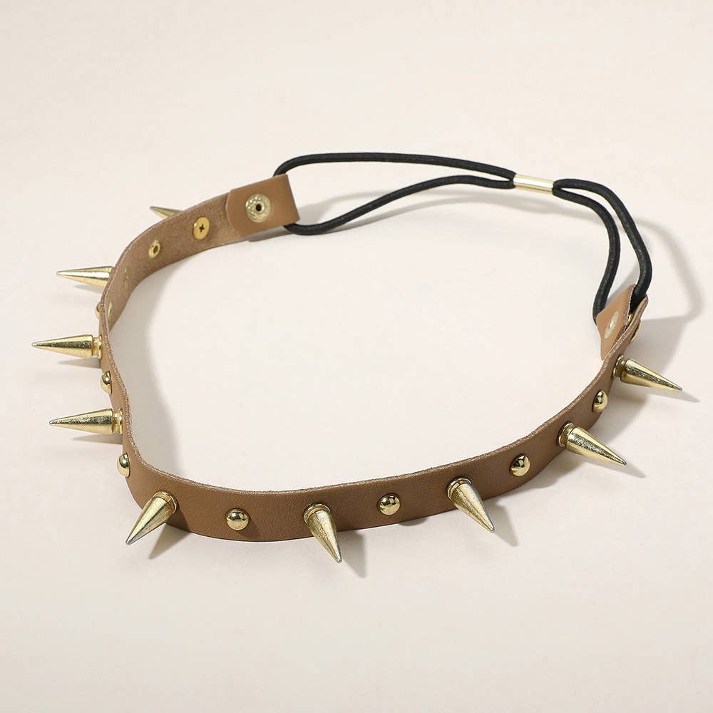 Metal Spike Studded Faux Leather Stretch Headband