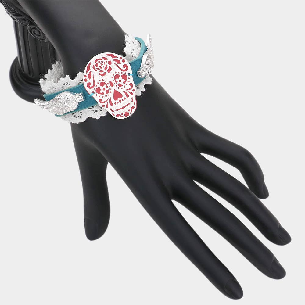 Day of the Dead Skull Wings Lace Faux Leather Bracelet